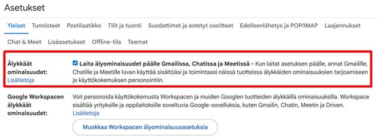 Laita älyominaisuudet päälle -valinta