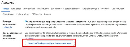 Workspacen asetuksiin vievä painike
