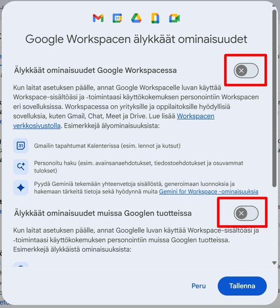 Google Workspacen tekoälyasetukset