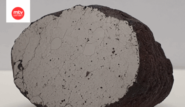 Löpönvaara-meteoriitti on kooltaan pienehkö. Leikattu pinta näyttää meteoriitin sisärakenteen.