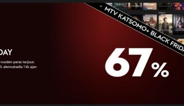 MTV Katsomo+:n saa Black Friday -alennuksella kuukaudeksi 67 prosentin alennuksella.