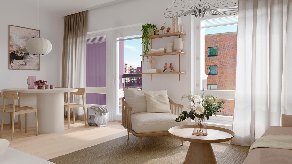 Peurankellon syvä violetti sävy toistuu myös talon muissa seinissä. Visualisointi Gilbertin kodista A 11 (2h+kt+s, 45.5 m²)