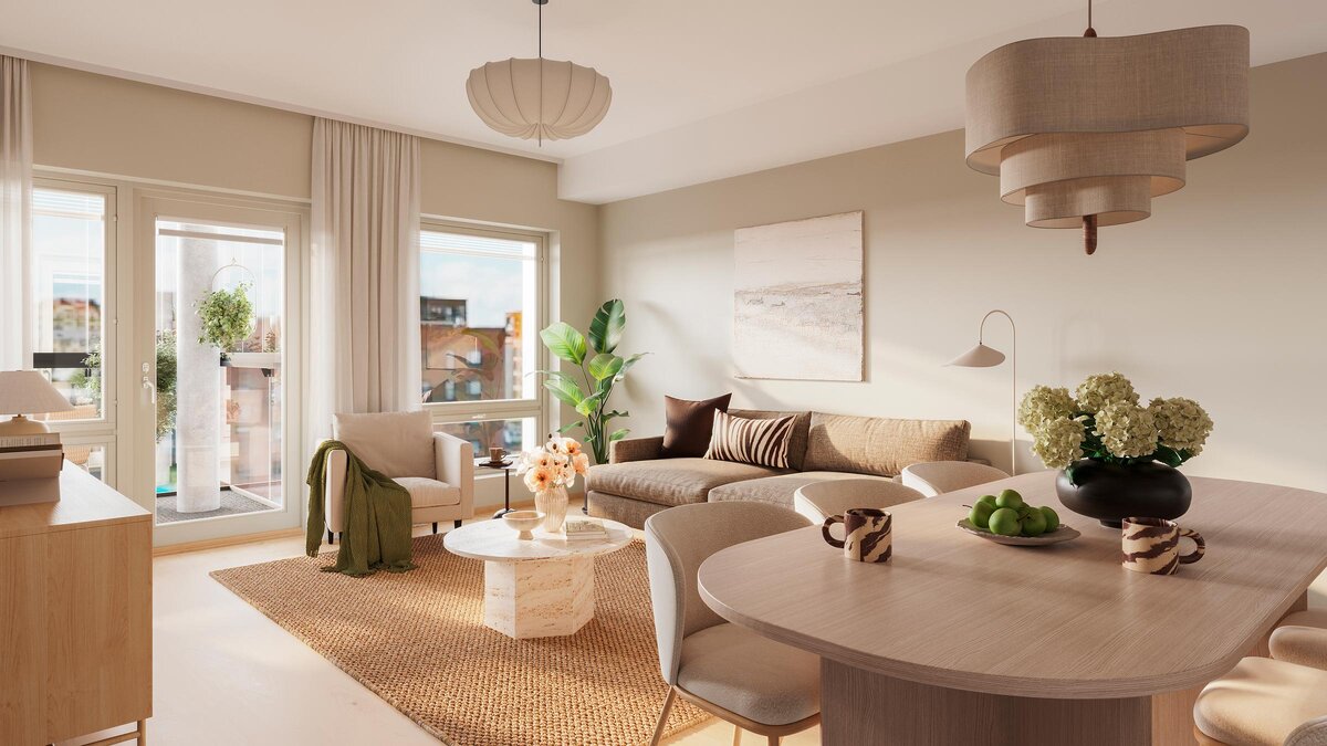 Valoisissa kodeissa on avarat oleskelutilat ja miellyttävä lattialämmitys. Visualisointi Gilbertin kodista A 9 (3h+kt+s, 67 m²)