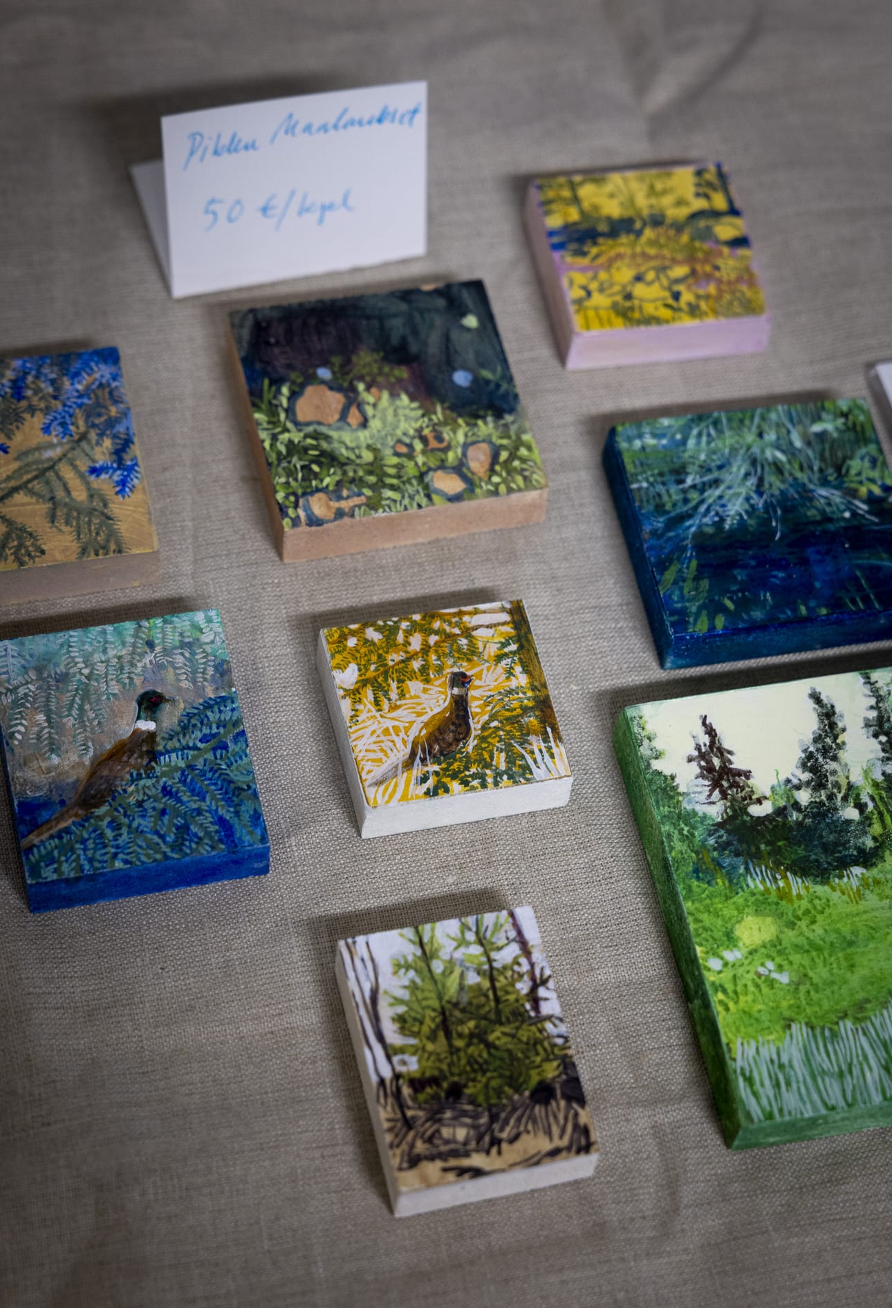 Sanna Kananojan pieniin maalauksiin on mahtunut muun muassa maisemia ja fasaaneja.