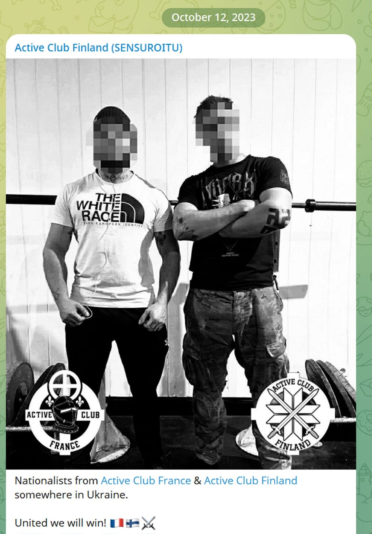 Näyttökaappaus Active Club Finlandin Telegram-kanavan julkaisusta lokakuulta 2023. Kuvassa Active Club Francen ja Active Club Finlandin aktivistit jossain päin Ukrainaa.