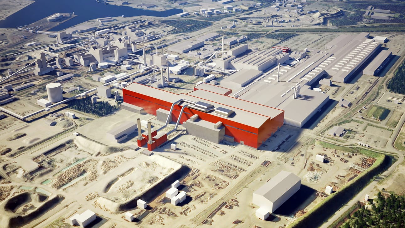 Alustava havainnekuva antaa käsityksen siitä, miten kuvassa punaisena oleva uusi sähkösulatto liittyy saumattomasti nykyiseen valssaamoon.