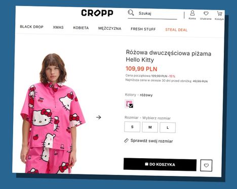 Hello Kitty kuvioitu yöasu Cropp-vaatekaupan puolankielisellä sivustolla.