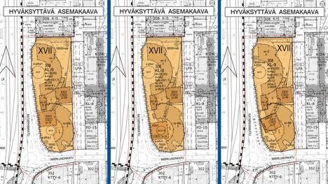 Uuden tornihotellin suunniteltu sijainti muuttui ennen sen tuloa kaupunkilaisten nähtäville. Oikealla oleva asemakaavaehdotus on versio, joka tulee yleisön nähtäville. Kuvissa ruskean alueen alaosassa oleva neliö on suunniteltu uusi tornihotelli. Kaksi vasemmalla olevaa piirrosta on aiempia luonnoksia.