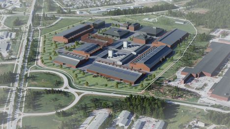 Havainnekuva näyttää, miltä Mikkolan kauppakeskittymän (kuvassa vasemmalla) ja kupariteollisuusalueen (oikealla) väliin sijoittuva datakeskus voisi näyttää täydessä laajuudessaan.