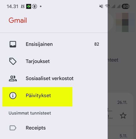 Päivitykset-valikko on ilmestynyt Gmailin näkymiin.