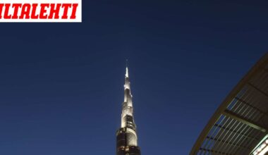 828 metriä korkea jätti valaistiin Suomen lipulla