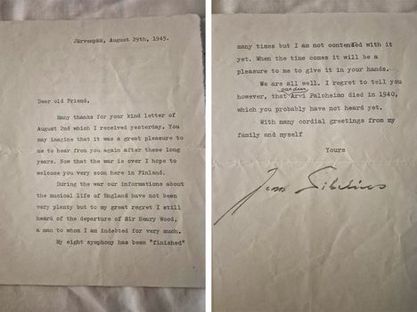 Rolando Pieraccinin kokoelmasta: Jean Sibelius kertoo kahdeksannesta sinfoniastaan kirjeessä elokuussa 1945. Hän oli luvannut Britannian ensiesityksen Basil Cameronille.