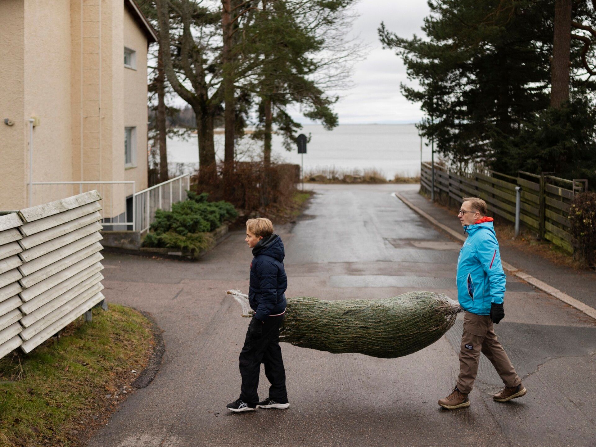 Lauttasaari kello 12.38. Oscar Loid, 15, ja David Loid, 56, kantavat joulukuusta kotiin.