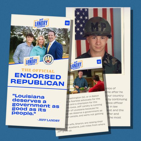 Jeff Landry kertoo verkkosivuillaan perhe- ja työtaustastaan. Hänen lähiperheeseensä kuuluvat vaimo Sharon ja poika JT.