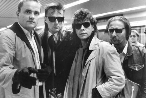 Calamari Union -elokuvan näyttelijöitä: vas. Sakari Kuosmanen, Sakke Järvenpää, Pate Mustajärvi ja Matti Pellonpää.