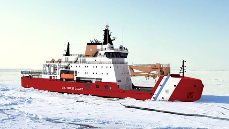 Havainnekuva jäänmurtajasta murtamassa merijäätä.