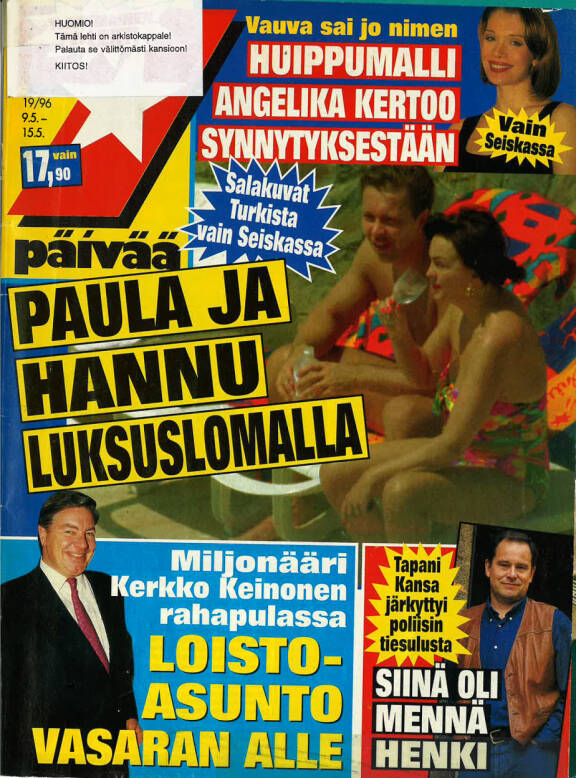 Paula ja Hannu ikuistettiin lemmenlomalta Seiskan kanteen 1996.
