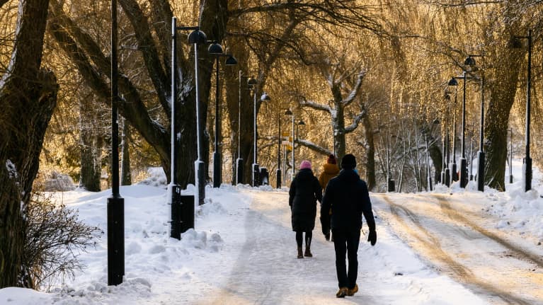 Kävelijöitä talvisessa maisemassa.