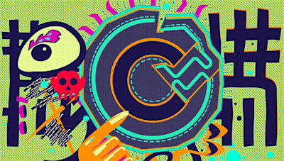 Värikäs digitaalinen taideteos, joka sisältää suurikokoisen "C" -kirjaimen, silmän, pääkallon ja abstrakteja muotoja vihreällä taustalla.