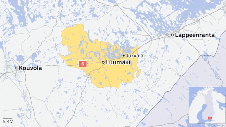 Kartta, joka näyttää Luumäen ja Jurvalan sijainnit Kaakkois-Suomessa.