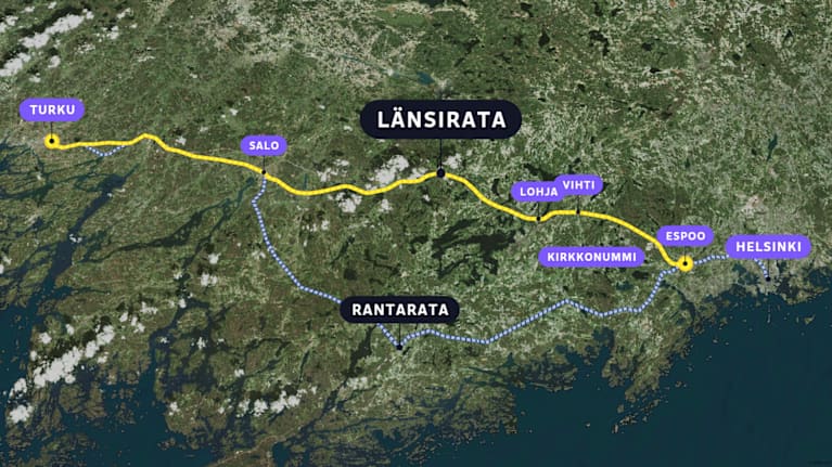 Karttakuva länsiradan reitistä Turun ja Helsingin välillä.