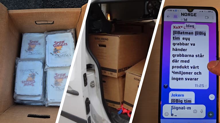 Kuvakombo jossa pahvilaatikoissa huumeita sekä tekstiviestikeskustelua.