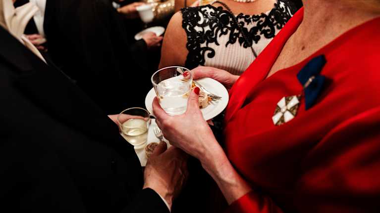 Vieraat nauttivat tarjoiluista Linnan juhlissa 2024.