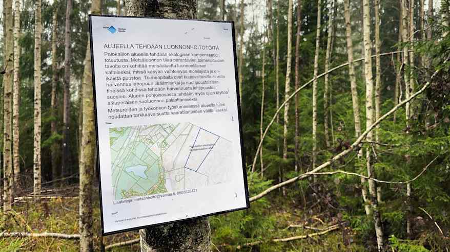 Puuhun kiinnitetty kyltti, joka kertoo että alueella tehdään luonnonhoitotöitä. Taustalla metsää.