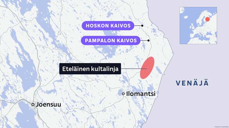 Kartta, johon merkitty Ilomantsi, kaivokset ja ns. eteläinen kultalinja.