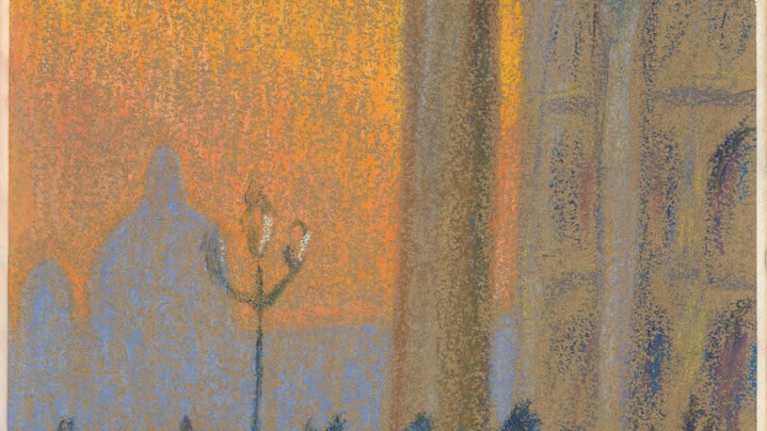Kuva esittää Erkki Melartinin pastellimaalausta, jossa ihmiset kävelevät auringonlaskussa Venetsiassa Pyhän Markuksen torilla.