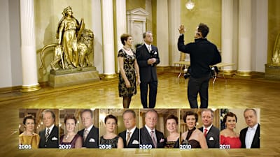 Kollaasi Matti Röngän ja Marjukka Havumäen valokuvista Linnan juhlien juontajana. Pohjana kuva, jossa kuvaaja Jari Kärkkäinen opastaa juontajia.