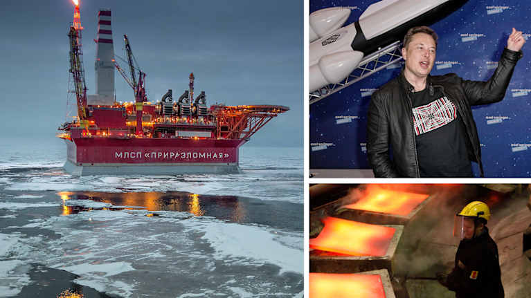 Kuvakollaasi jossa venäläinen öljynporauslautta jäiden keskellä, Elon Musk avaruusraketin edessä ja venäläinen kuparitehdas.
