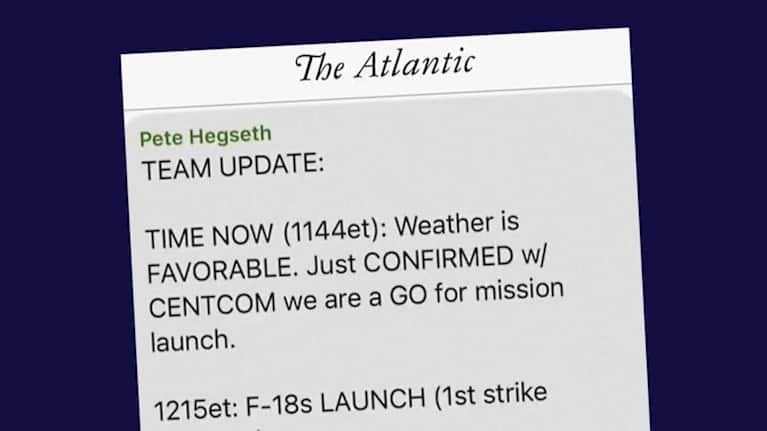 Kuvakaappaus The Atlanticin julkaisemasta Pete Hegsethin Signal viestistä koskien Jemenin iskuja.