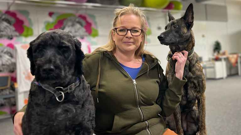 Eläintenkouluttaja Anne Nyrönen istuu penkillä, vieressään kaksi koiraa. 