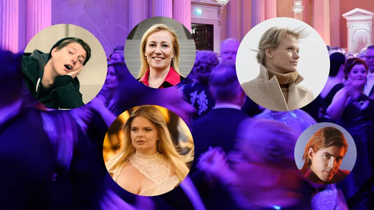 Presidentinlinnan sisätiloissa otetun juhlakuvan päällä on viiden henkilön valokuvat: Johannes Mollberg, Erika Vikman, Katariina Murto, Hanna Vass ja Robin Packalén.