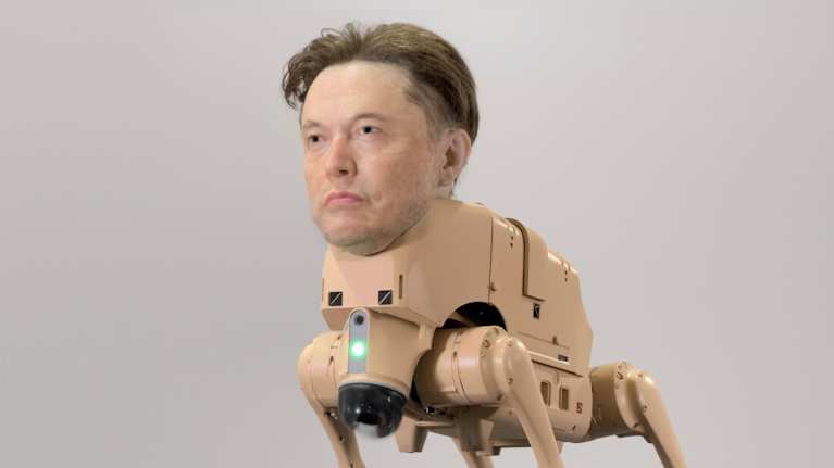 Beige robottikoira, jolla on Elon Muskin pää.