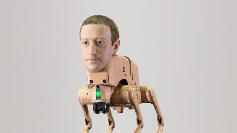 Beige robottikoira, jolla on realistinen Mark Zuckerbergin pää.