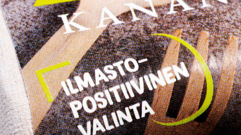 Pakkaus, jossa lukee "Ilmastopositiivinen valinta".