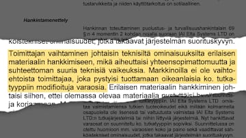 Puolustusvoimien logistiikkakeskuksen hankintapäätöksen sivu.