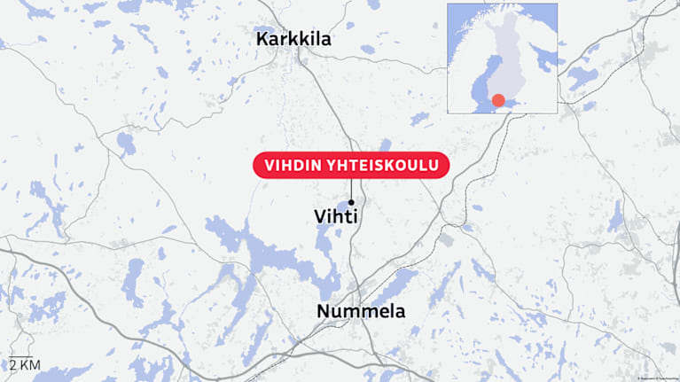 Kartta, johon merkitty Vihti ja Vihdin yhteiskoulu.