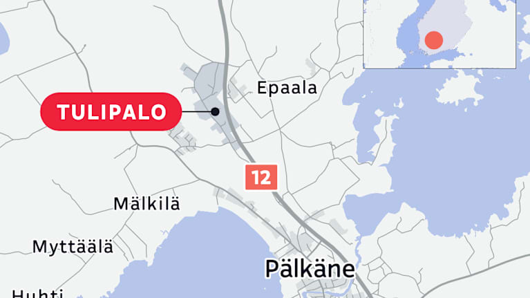 Kartta, joka näyttää tulipalon paikan Pälkäneen Hitsaajantiellä.