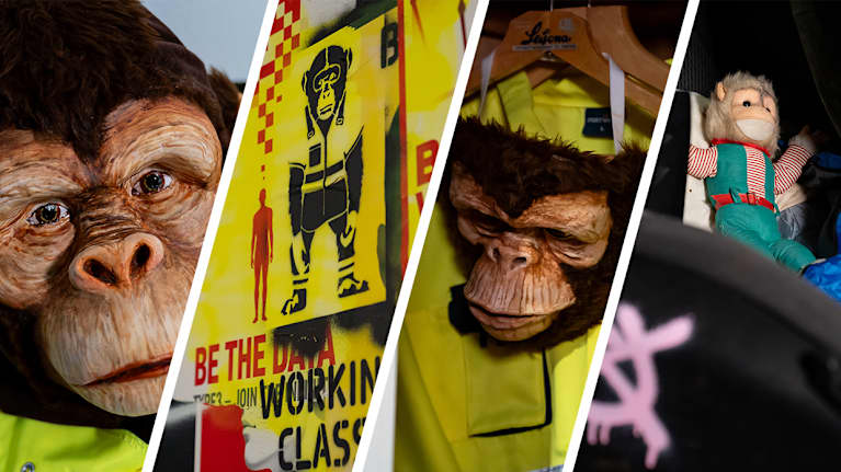 Kuvakollaasi kolmesta näyttelyn yksityiskohdasta, missä kaikissa apinahahmo.