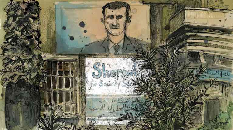Piirros talon seinästä, jossa kuva Bashar al-Assadista ja Shuruq-yhtiön kyltti.