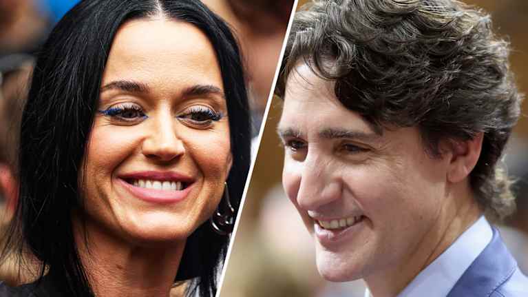 Katy Perry ja Justin Trudeau hymyilevät kombokuvassa.