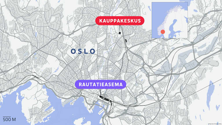 Oslon kartta, johon merkitty Storo Storsenter-ostoskeskus.