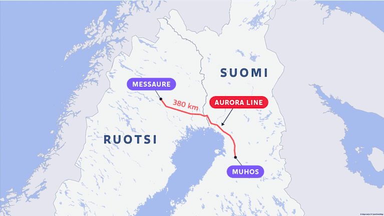 Kartta: Aurora Line on 380 kilometriä pitkä rajajohtavuuden parantamiseksi toteutettava verkkoyhteys Messauresta Muhoksen Pyhänselkään.