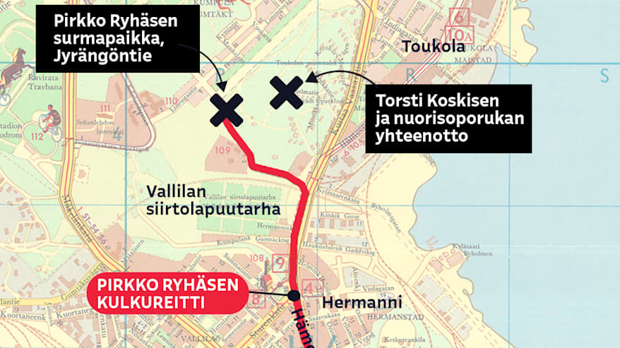 henkirikos joka tapahtui vuonna 1963, kartalla näkyy Pirkko Ryhäsen kulkureitti Hämeentieltä Jyrängöntielle.