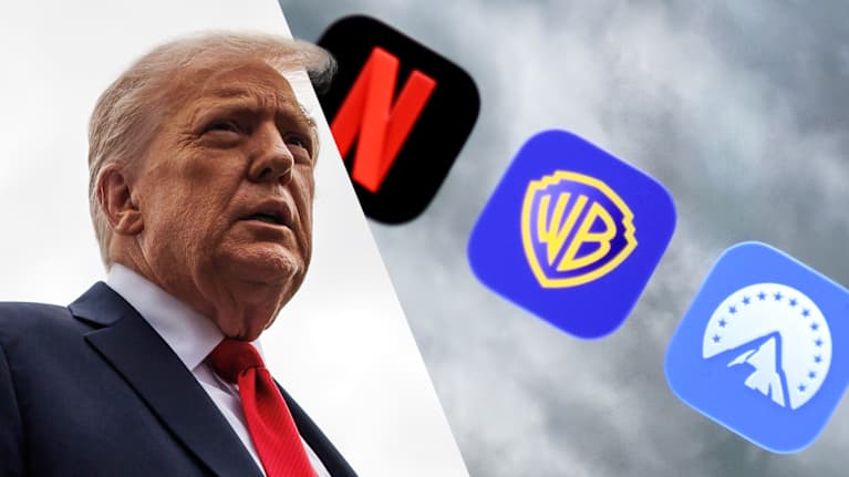 Yhdistelmäkuvassa Donald Trump sekä Netflixin, Warnerin ja Paramountin logot.