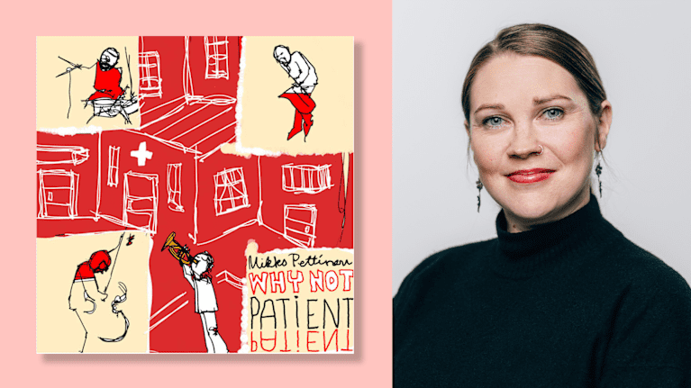 Vasemmalla levynkansi, jossa on abstrakteja hahmoja soittamassa eri soittimia. Oikealla on mustaan puseroon pukeutunut nainen.