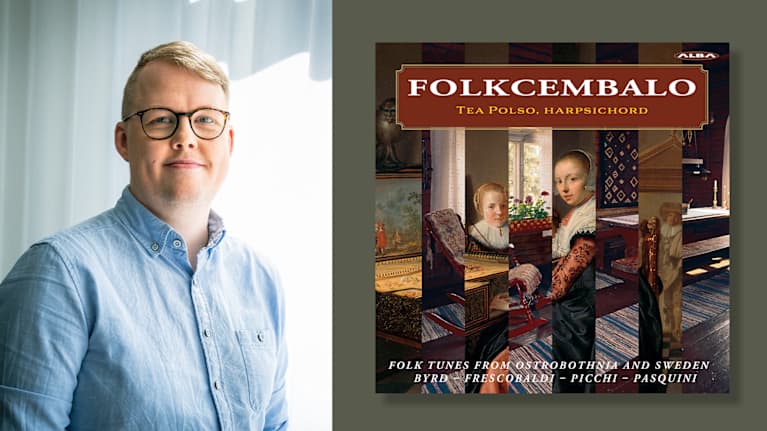 Vasemmalla on mies sinisessä kauluspaidassa ja oikealla mosaiikkimainen levynkansi, jossa näkyy cembaloa soittava nainen ja historiallista sisustusta.